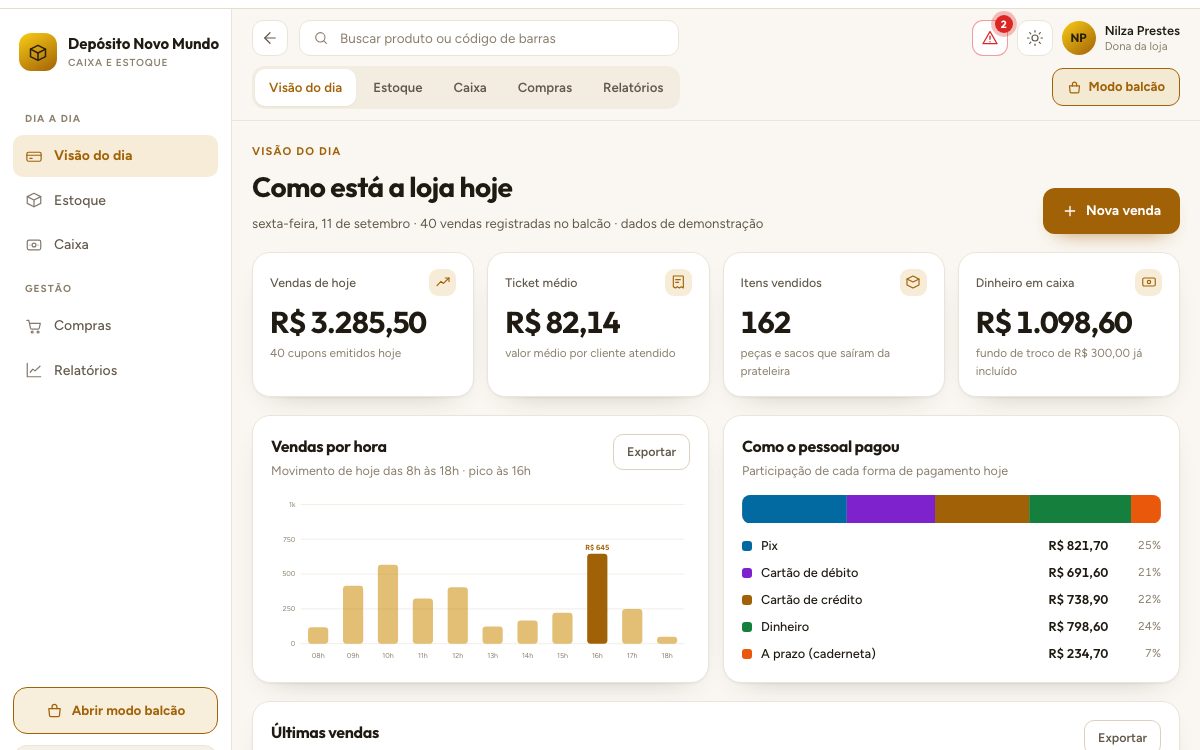 Demonstração: painel de caixa e estoque